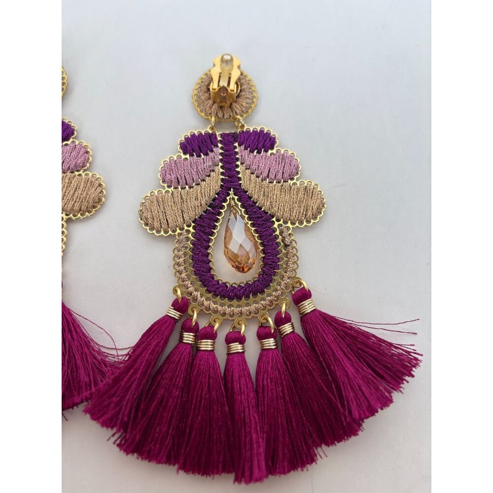 Mercedes Salazar Curubas Drop Earrings Burgundy Tassel Trim Bohemian Clip On - Picture 7 of 9